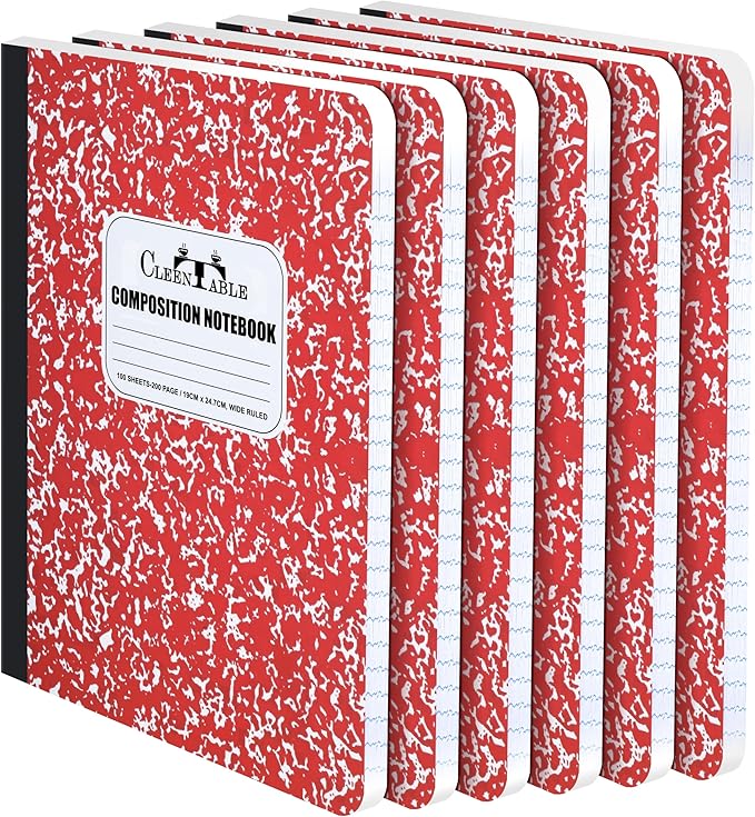 CLEENTABLE Composition Notebook 12 Pack, Wide Ruled Paper, Marble Cover Notebooks for School, 9.75 x 7.5 Inches, 100 Sheets (200 Pages), Sewn Binding Comp Books, Red