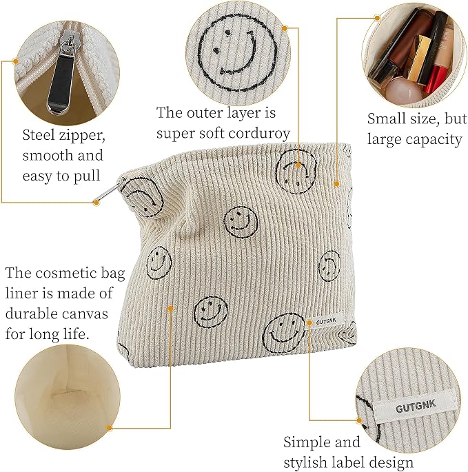 GUTGNK Makeup bag for Women, Corduroy Cosmetic Bag Aesthetic Design Ladies Tote Bag,Cute Smiley Face Makeup Organizer with Zipper - Blue