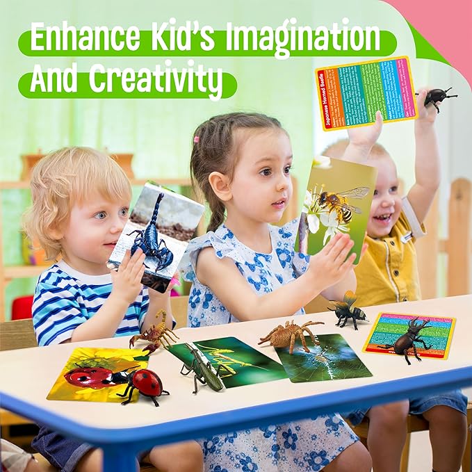 12 PCS Plastic Insect Figurines with 12 Introduction Flashcards, Small Creature Learning Recognition Cards Realistic Bug Models Educational Learning Toy Set for Kids, Classroom