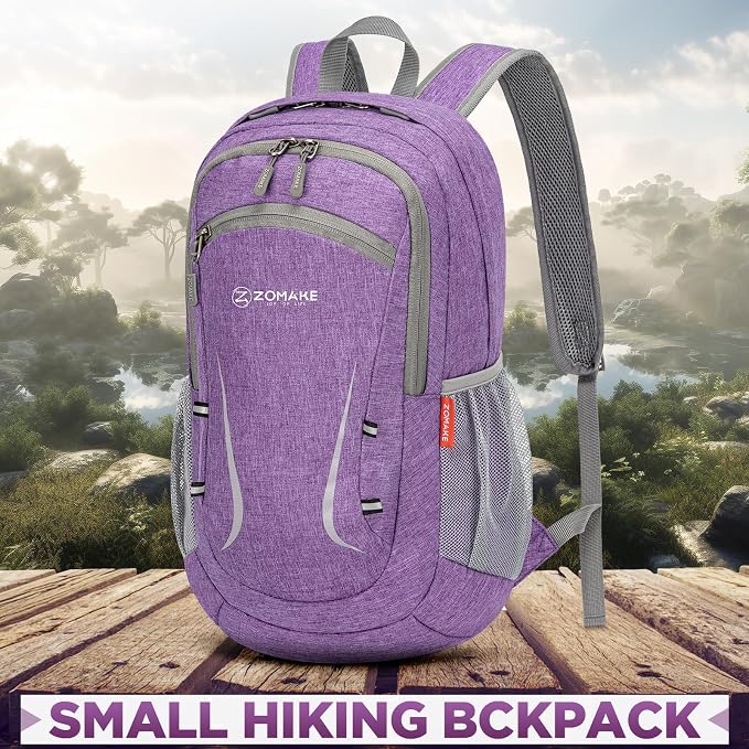 ZOMAKE Lightweight Packable Backpack, 20L Small Foldable Daypack for Hiking | Water Resistant Collapsible Backpacks for Women Men, Everyday Carry, Multi Compartment Storage,Adjustable Strap(Light Purple)