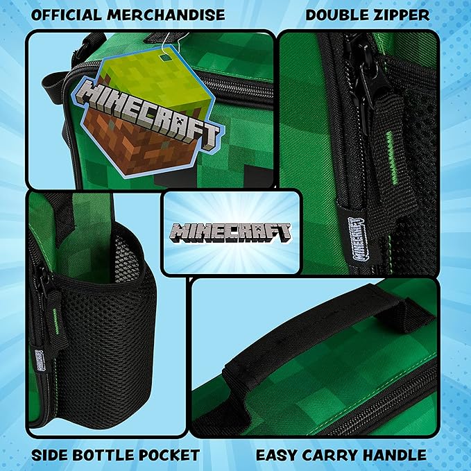 Minecraft Insulated Lunch Bag for Kids Creeper Lunchbox for Boys School Supplies Food Carrier Snacks Picnic Beach Days Travel Gamer Gifts for Kids (Green)