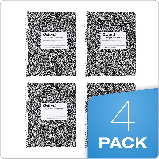 Oxford 4 Pack Marble Spiral Composition Notebook, Wide Ruled Notebook