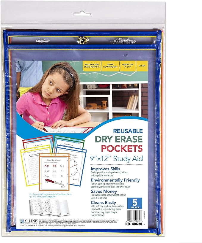 C-Line Reusable Dry Erase Pockets, 9 x 12 Inches, Assorted Primary Colors, 5 Pockets per Pack (40630) (Pack of 3)