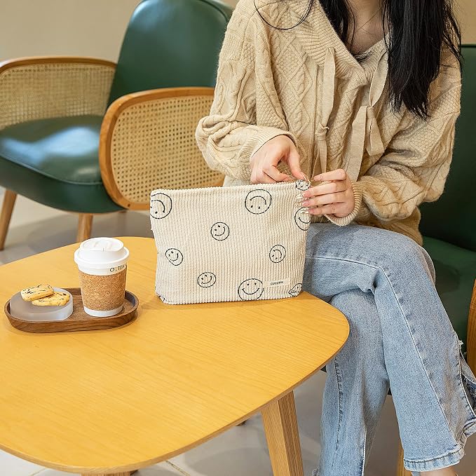 Makeup Bag For Women - Corduroy Cosmetic Bags Aesthetic Design Ladies Tote pouch Women's Pencil Case,Cute Smiley Face Makeup Organizer with Zipper (Beige)