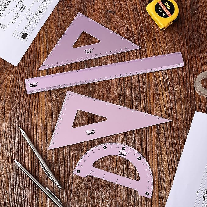 Mr. Pen- Metal Geometry Kit, 4 Pack, 45° & 30°/60° Set Squares, 6" Protractor & 12" Ruler, Durable Metal Drafting Tools for Technical Drawing, Math, Engineering & Architecture