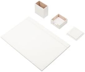 Luna Minimalist Leather Desk Set – 4 Piece Desk Organizer with Desk Pad, Pen Holder, Note Holder & Coaster – Compact Office Desk Accessories – Multiple Colors (White)