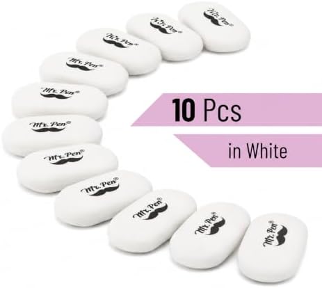 Mr. Pen- White Oval Pencil Erasers, 10 Pack, 1" x 2", Soft Rubber White Pencil Erasers for School, Office, Art Sketching, Homework, Exams, Clean Smudge-Free Correction