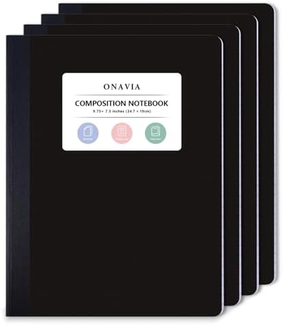 ONAVIA Plastic Composition Notebook College Ruled 4 Pack, 160 Pages, Black