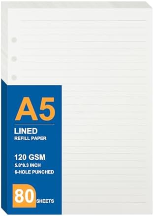 MultiBey A5 Lined Refill Paper, 120GSM 6-Ring Loose Leaf Inserts, 80 Sheets