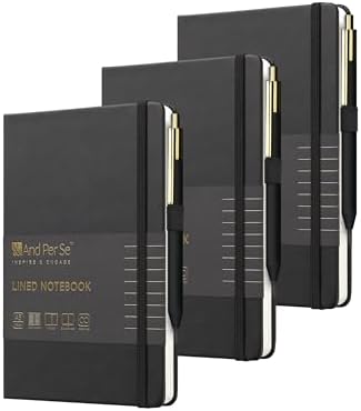 &And Per Se Lined Journal and Pen Set (3 Packs), A5 Leather Hardcover Notebook with Pen & Stationary Set, 160 Pages 100GSM Thick Ruled Paper Journal for Business Work Writing (Black)