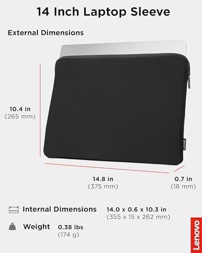 Lenovo Basic Laptop Sleeve 14 Inch Notebook/Tablet Compatible with MacBook Air/Pro Neoprene Material - Soft Fleece Lining - Zippered Top Opening - Black