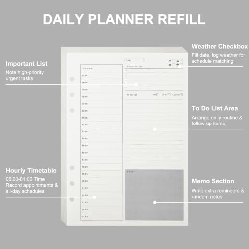 MultiBey A5 Daily Planner Refill Paper, 120GSM 6-Ring Inserts, 80 Sheets