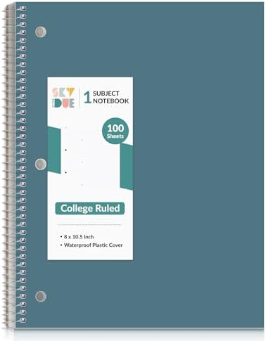 SKYDUE 8"x10.5" Spiral Notebook - College Ruled 100 Sheets, 1 Subject Notebook for School & Office, 3-Hole Punched Paper, Blue
