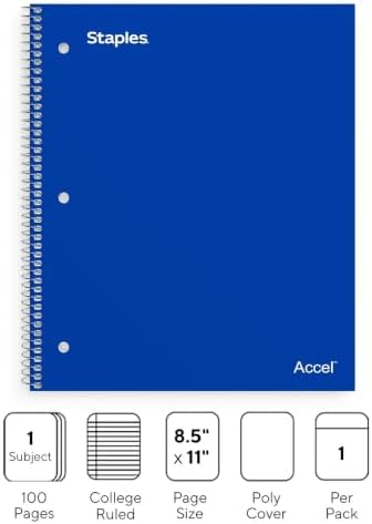 Staples Accel 1-Subject Notebook, 8.5x11 Inch, College Ruled, Blue