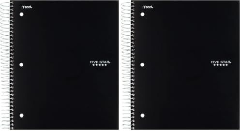 Five Star Spiral Notebook + Study App, 5 Subject, College Ruled Paper, Fights Ink Bleed, Water Resistant Cover, 8-1/2" x 11", 200 Sheets, Black (72081) (Pack of 2)