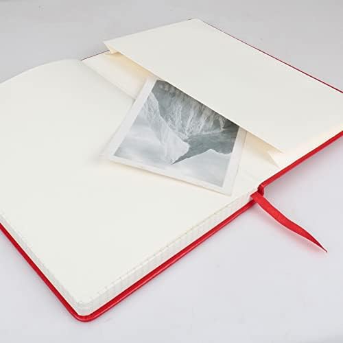 Grid Journal Bullet Notebook - Red Leather Cover, 8.3 x 5.7Inch, 160 Pages, 100gsm Paper, Hardcover with Inner Pocket, Elastic Closure and Ribbon Bookmark, Great for Women and Men