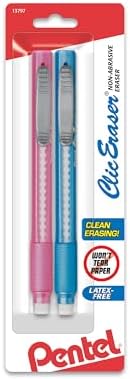 Pentel Clic Retractable Eraser with Grip, Assorted Barrels, 2 Pack (ZE21TBP2M)