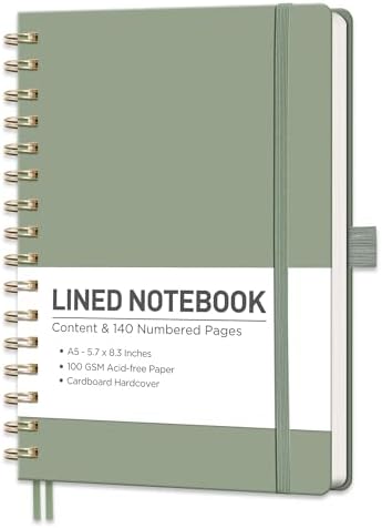 RETTACY Lined Journal Notebook, 140 Numbered Pages, A5 Size (5.7'' x 8.3'')