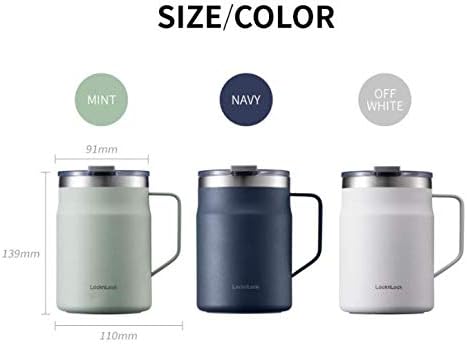 LocknLock Metro Mug, Premium 18/8 Stainless Steel Metal, Double Wall Insulated, Portable Coffee Cup with Lid and Handle for Hot and Cold Drinks, Mint, 16 oz