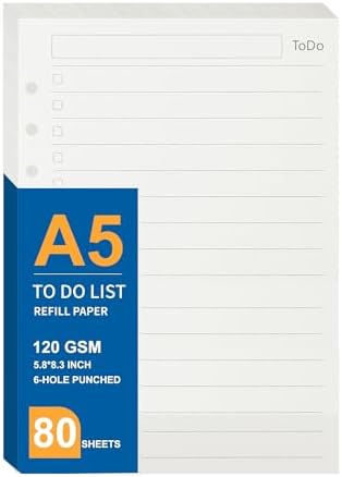MultiBey A5 Refill To Do List, 120GSM 6-Ring Loose Leaf Paper, 80 Sheets