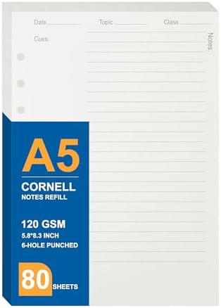 MultiBey 80 Sheets 120GSM A5 Cornell Notes Refill Paper, 6-Ring Insert