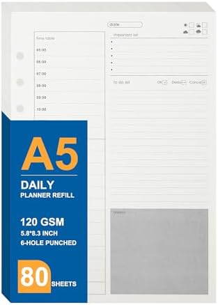 MultiBey A5 Daily Planner Refill Paper, 120GSM 6-Ring Inserts, 80 Sheets