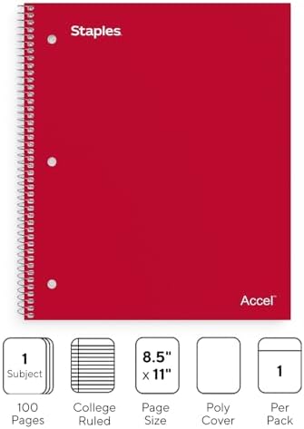 Staples Accel 1-Subject Notebook, 8.5x11 Inch, College Ruled, Red