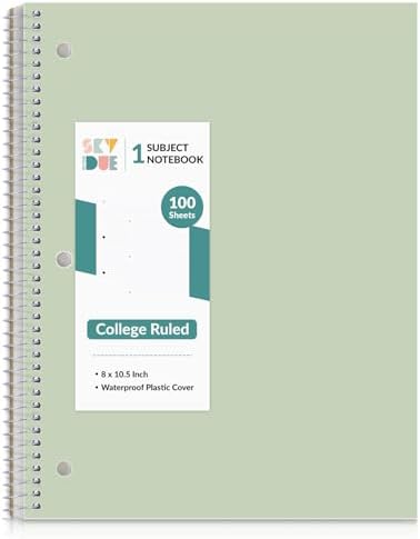 SKYDUE 8"x10.5" Spiral Notebook - College Ruled 100 Sheets, 1 Subject Notebook for School & Office, 3-Hole Punched Paper, Green