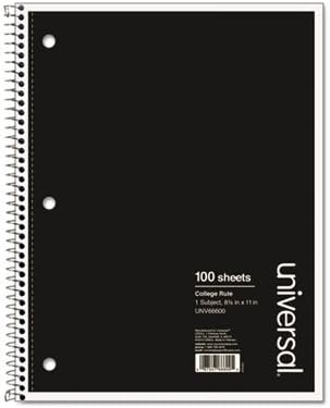 Universal 66600 1 Sub. Wirebound Notebook, 11 x 8 1/2, College Rule, 100 Sheets, Black Cover