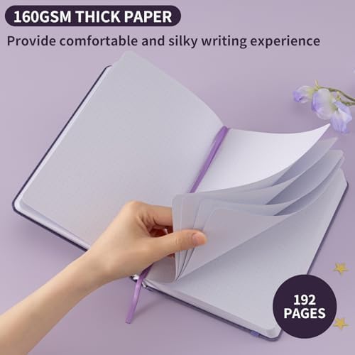 Dot Grid Journal with 160GSM Thick Paper, 192 Pages, A5 Dotted Notebook for Work, School, Travel | 180° Lay Flat, Foil Stamped Cover, Elastic Band, 2 Bookmarks & Inner Pocket (Dark Purple)