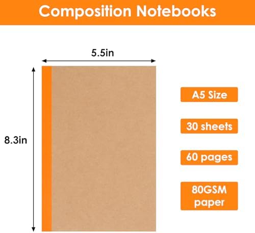 LABUK 5pcs A5 Composition Notebook Journals, Kraft Lined Notebooks Bulk, 5 Colors 60 Pages for Journaling, Writing, School, Office, Kids Gift