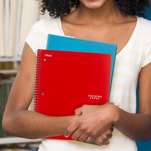 Five Star Spiral Notebook + Study App, 5 Subject, College Ruled Paper, 8-1/2" x 11", 200 Sheets, Fights Ink Bleed, Water Resistant Cover, Fire Red (72077) (Pack of 2)