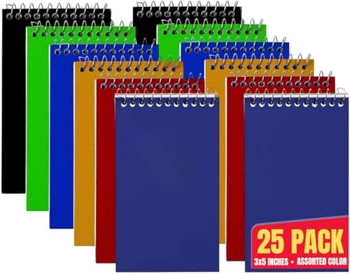1InTheOffice Wirebound Spiral Memo Books, Memo Pads, 3" x 5", College Ruled, Small Notepad 3x5, Assorted, 75 Sheets/Pad, 25 Pads/Pack