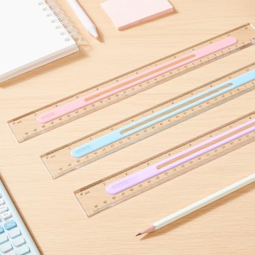 Sooez 3 Pack Ruler 12 Inch, Anti-Slip Clear Rulers for Kids, Light Blue