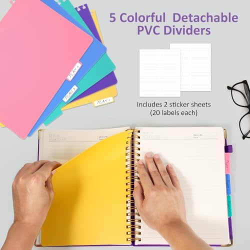 Hardcover Spiral Notebook Journal, 8"x10" Large B5 Notebooks with Removable Dividers Tabs, 300 Pages Leather 5 Subject Notebook College Ruled, Lined Journal for Women Work School Note, Dark Purple