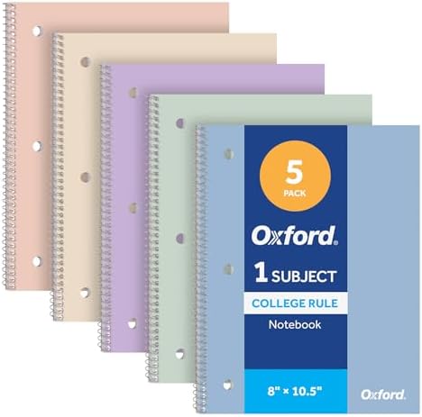 Oxford Spiral Notebooks, 5 Pack, College Ruled, 70 Sheets, Pastel Covers