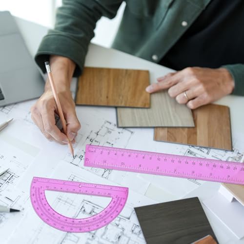 2 Packs 12 Inch Plastic Ruler and 6 Inch Plastic Protractor Set Clear Math Geometry Set Classroom Set Angle Detector School Supplies Classroom Ruler Home Office Drawings (Pink)