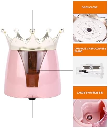 Automatic Electric Pencil Sharpener – 2AA Battery, Ideal for No.2 and Colored Pencils – Perfect for School, Home, Office, and Classroom Use – Crown Design (Pink)