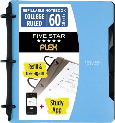 Five Star Flex Refillable Notebook + Study App, College Ruled Paper and 1 Inch TechLock Ring Binder with Pockets, Tabs and Dividers, 200 Sheet Capacity, Pacific Blue (293280AD2), (Pack of 6)