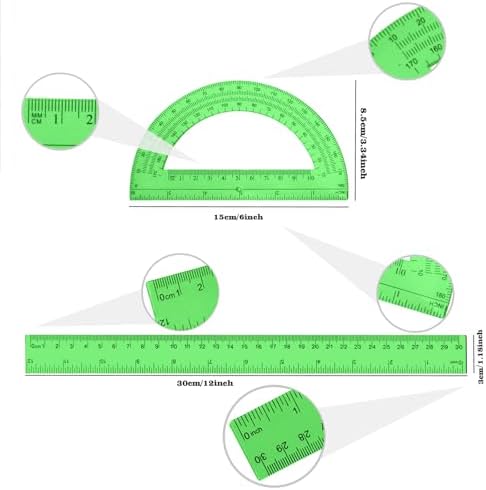 2 Packs 12 Inch Clear Ruler and 6 Inch Protractor Set,Green
