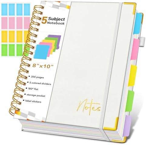 5 Subject Graph Paper Notebook with Removable Dividers Tabs, 300 Pages Hardcover Leather Grid Spiral Journal, 8"x10" B5 Large Graphing Notebooks for Women Men Work School College Engineering, White