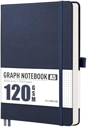 AHGXG Graph Grid Paper Notebook, 160 Pages, A5 Medium Size (5.7'' x 8.3'')