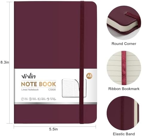 ViVin 3 Pack A5 Hardcover Lined Notebook,192 pg College Ruled 5.5x8.3
