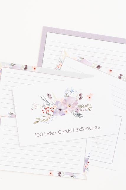 Floral Index Cards by Pure Print and Design | Floral Flash Cards Perfect For Study Sessions & Learning | 100 Cards of Premium Quality with 5 Different Designs | White, Purple and Gray | 3x5 inches