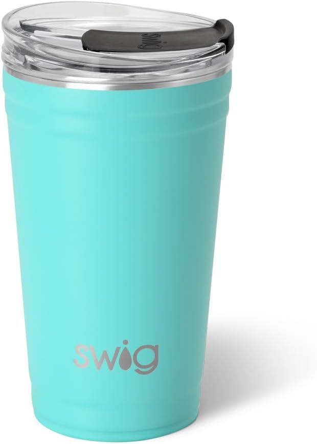 Swig Life 24oz Party Cup, Stackable Insulated Travel Coffee Tumbler with EZ Slider Lid, Cup Holder Friendly, Stainless Steel 24 oz Tumbler, Reusable Coffee Mug (Aqua)