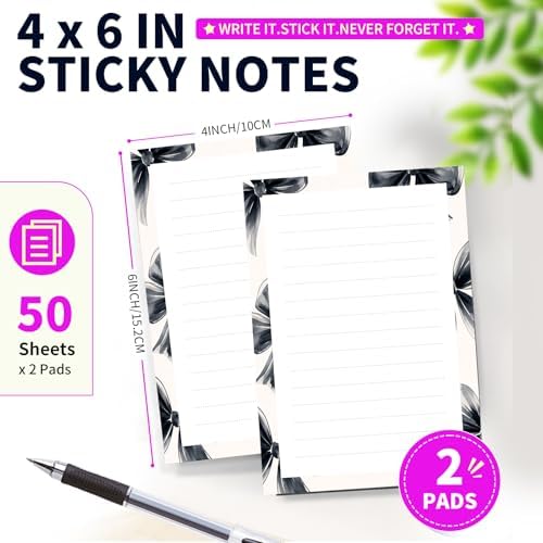 Lined Sticky Notes 4x6 in, 2 Pack Large Cute Notepads with Lines Self-Stick Note Pad, Funny Memo Pads Strong Adhesive for Office, Home Black Cute Bowtie