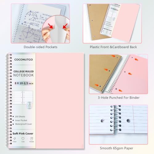 Pastel Pink Spiral Notebook, 1 Subject College Ruled, 10.5 x 8 in, 100 Sheets, 3-Hole Punched Perforated Pages, Flexible Plastic Cover, Double Pocket Folder for School Notes