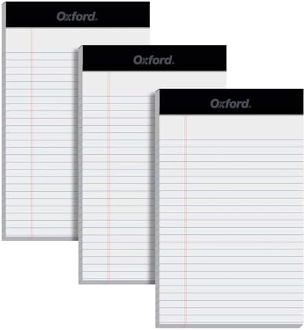 Oxford 5 x 8 Inch Legal Pads, 3 Pack, Narrow Ruled on Both Sides, White Lined Paper, 50 Perforated Sheets Per Writing Pad, Proudly Made in the USA (1017034)