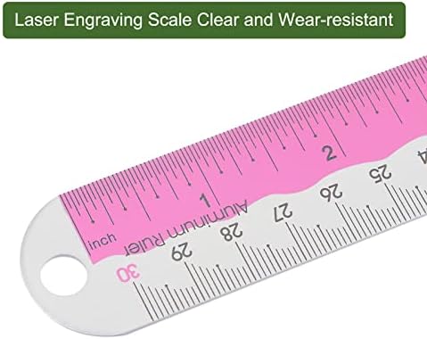 HARFINGTON Straight Ruler 12 Inch Metric English System Aluminum Alloy Ruler with Small Hole Measuring Tool for Children Study Classroom Office, Hot Pink