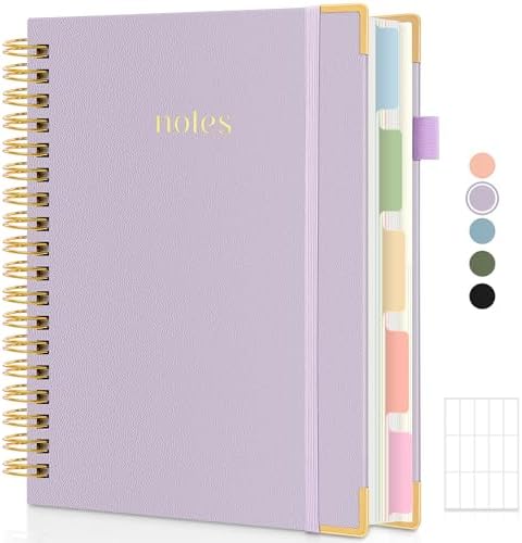 SKYDUE 5 Subject Notebook with Dividers and Tabs, 8" x 10" College Ruled Notebook for Work, 300 Pages Spiral Journal for Women, Purple